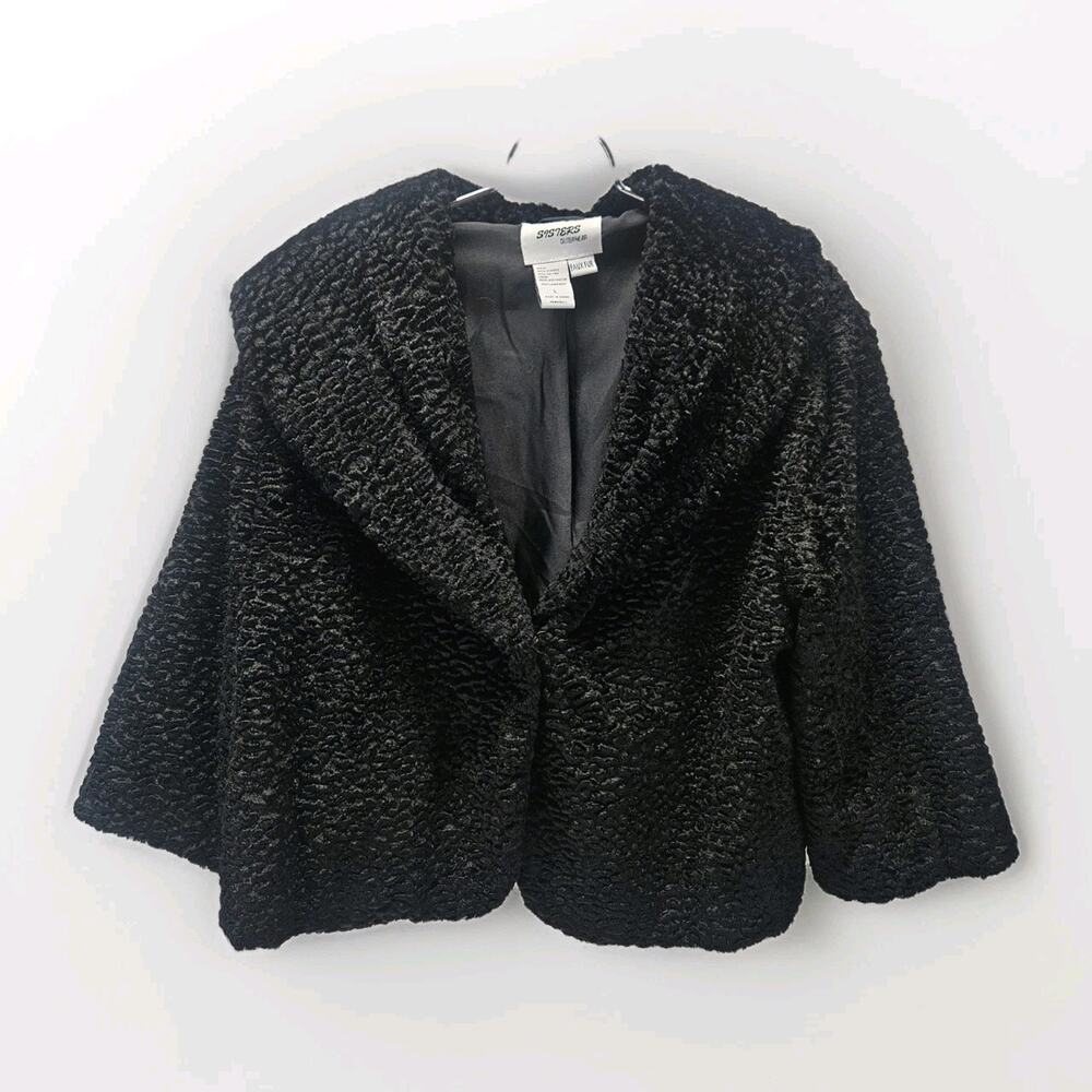 Vintage Faux Fur Cropped Jacket Black 3/4 Bell Sleeves Size Large Retro Glam